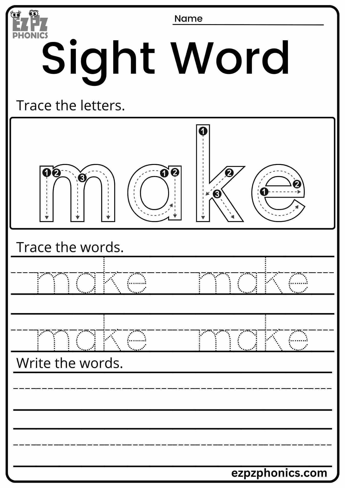 Dolch Sight Word "Make" Activity for Early Learners PDF Download Set 2